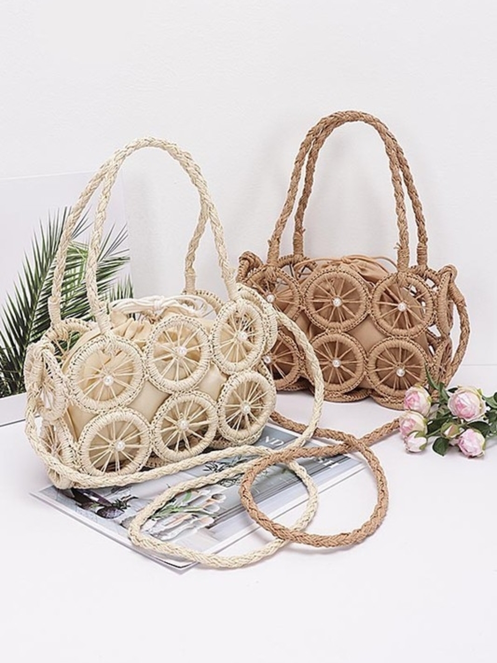 Woven Floral Circle Tote Bag - Cream or Tan